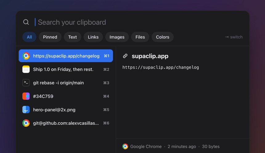 SupaClip, searching the clipboard history with a link selected
