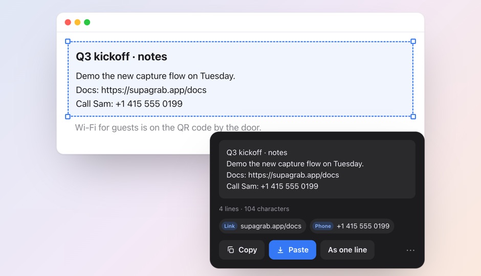 SupaGrab, text captured from a window with Copy and Paste buttons
